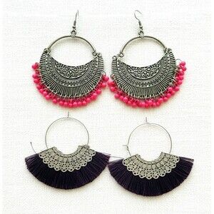 Boho Tribal Crescent Tassel Earrings Lot 2 Pink Bead Purple Fringe Drop Hoop
